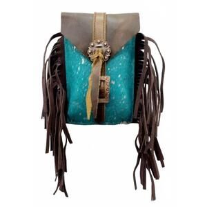NEW SHOWMAN women's hair on cowhide saddle bag in acid wash teal
